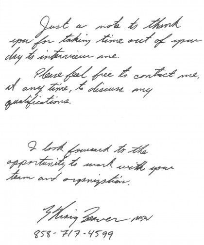 Handwritten thank-you note on white paper with a phone number at the bottom