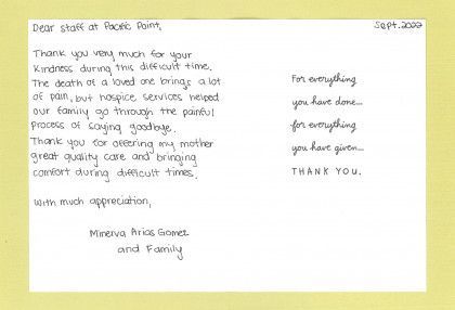 Handwritten thank-you note on white paper, signed from a family, with a small printed message on the right.