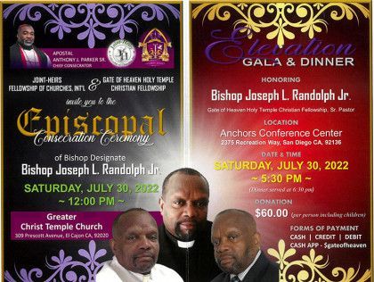 Religious gala and dinner flyer in purple and gold with bishop portraits and event details