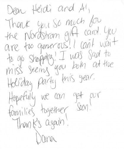 Handwritten thank-you note on white paper, thanking Heidi and AJ for a Christmas gift and holiday party.