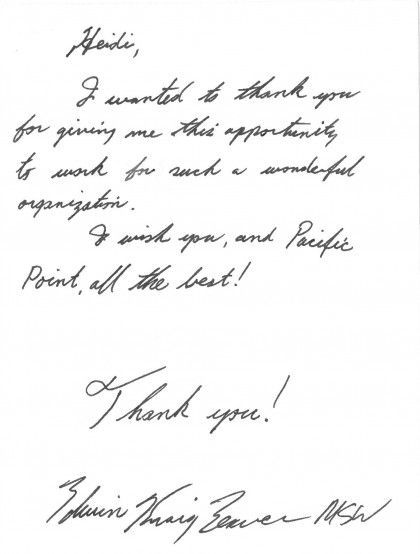 Handwritten thank-you note on white paper, signed at the bottom.