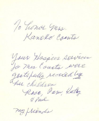 Handwritten thank-you note on white paper, signed “my friends.”
