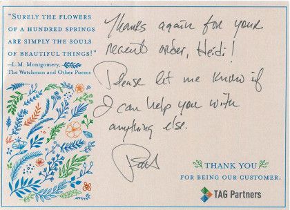 Handwritten thank-you note on a TAG Partners card with colorful floral border and printed quote.