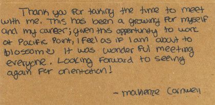 Handwritten thank-you note on tan paper with a short farewell message and signature