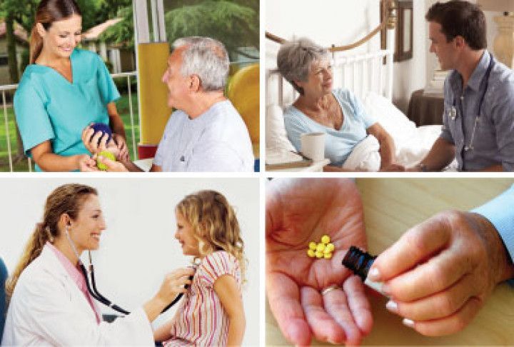 Healthcare collage showing nurse, doctor, patient consultation, and medication being held in a hand
