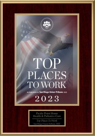 Framed 2023 “Top Places to Work” award plaque with U.S. flag background and gold border