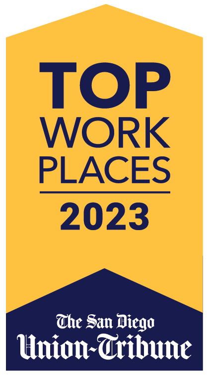 Top Workplaces 2023 award badge with The San Diego Union-Tribune logo on gold and navy background