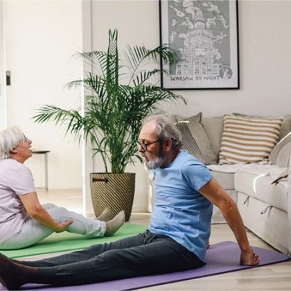 Two people doing seated yoga stretches on mats in a bright living room with a potted plant.
