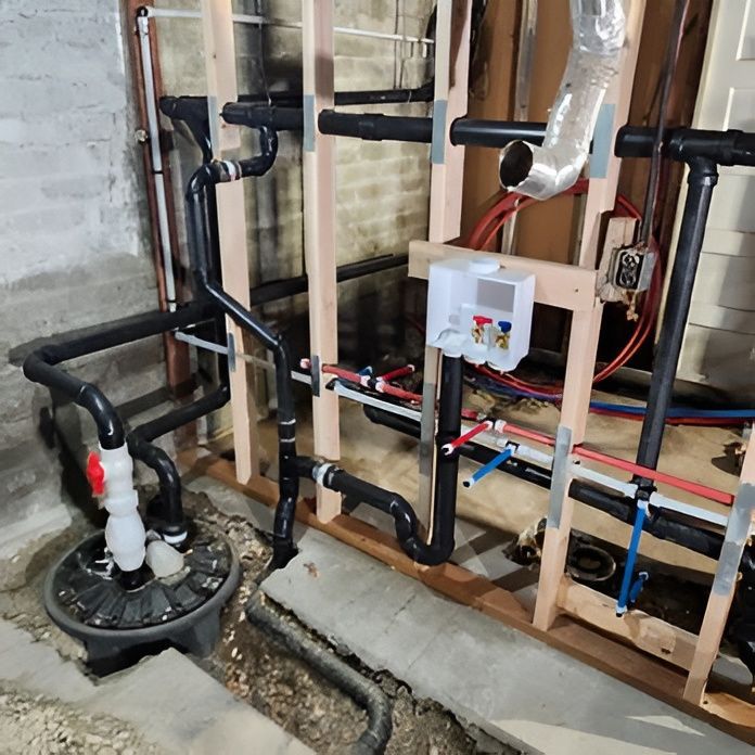 Basement plumbing, with black pipes, a sump pump, and a hot water heater system mounted on wooden studs.