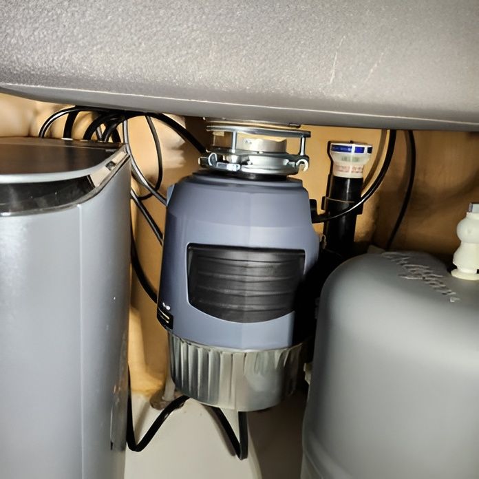 Garbage disposal unit mounted under a kitchen sink. Grey appliance with black and silver components.