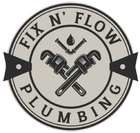 Logo for Fix N' Flow Plumbing, featuring crossed wrenches, pipes with a water drop, and circular text.