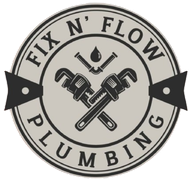Logo for Fix N' Flow Plumbing, featuring crossed wrenches, pipes with a water drop, and circular text.