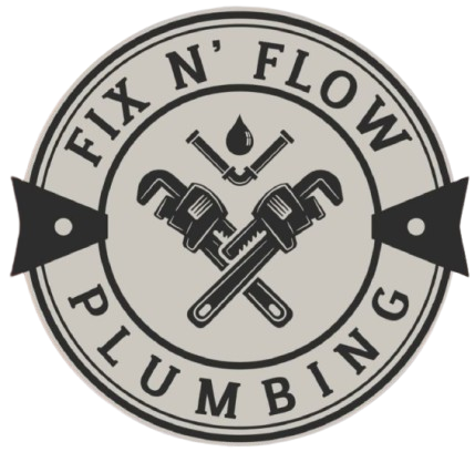 Logo for Fix N' Flow Plumbing, featuring crossed wrenches, pipes with a water drop, and circular text.