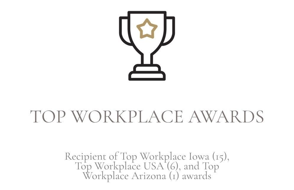 Top Workplace Awards trophy icon with text for recipient and top workplace locations