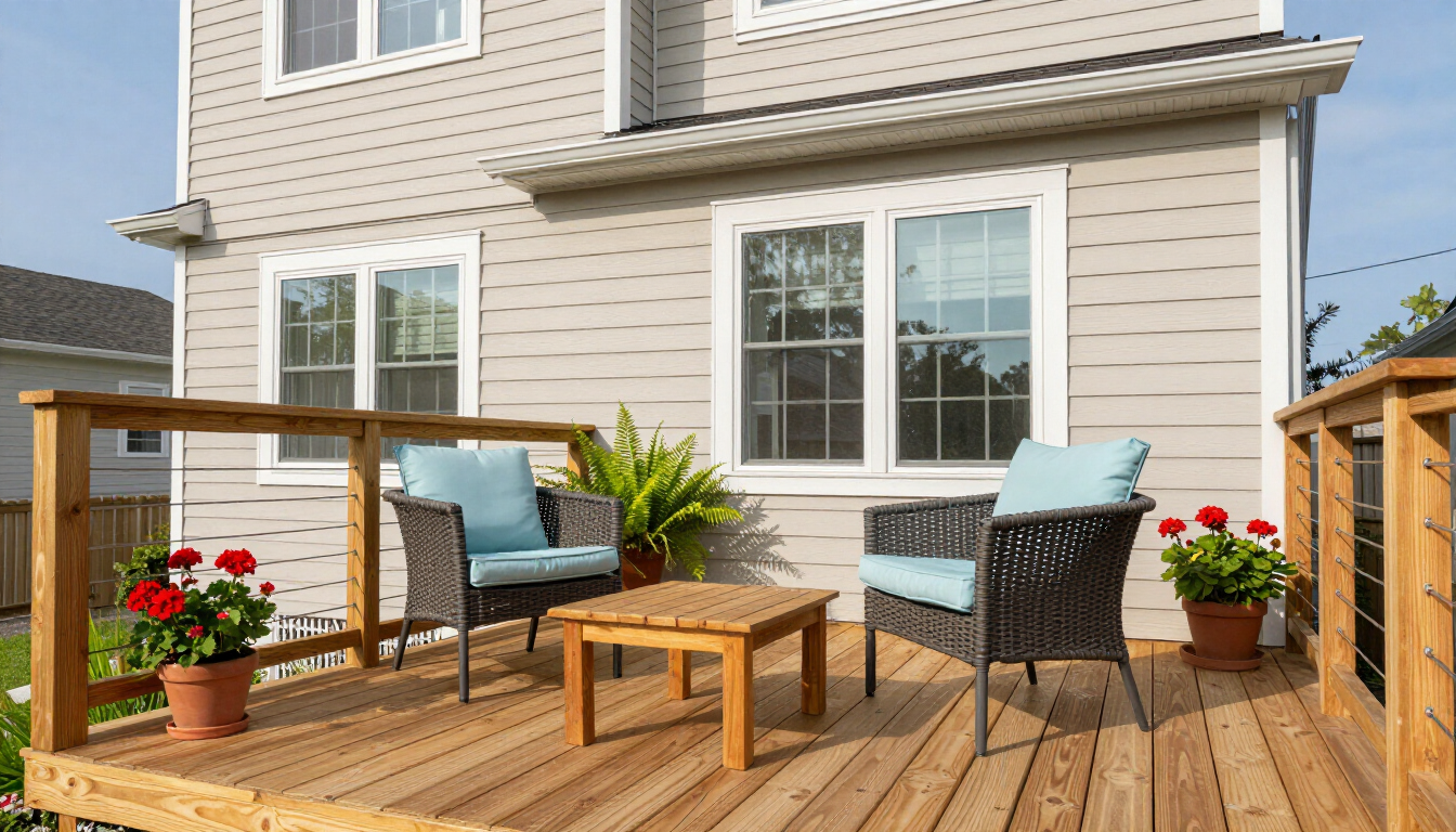 Wooden deck with wicker chairs, table, potted flowers, and sliding glass doors on a house patio