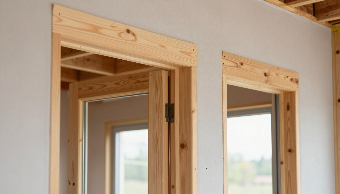 Interior wall framing with two unfinished wooden doorways in a room under construction