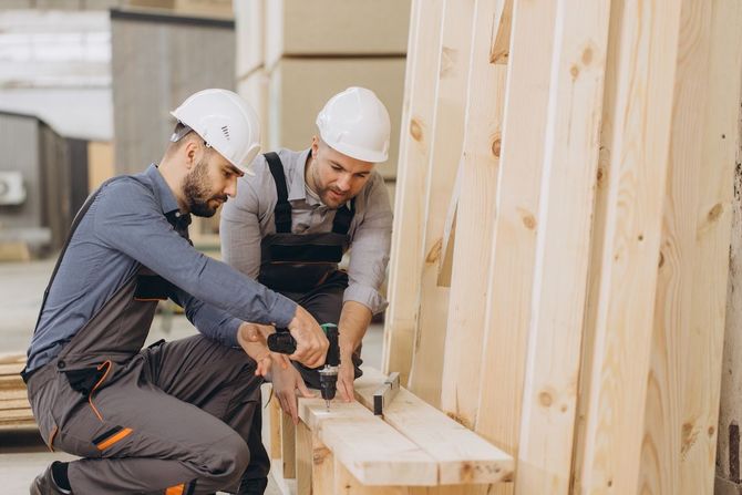 Two construction workers in hard hats measuring wooden boards at a building site.