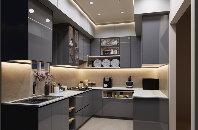 Modern gray kitchen with black countertops, warm under-cabinet lighting, and neatly arranged dishes on open shelves.