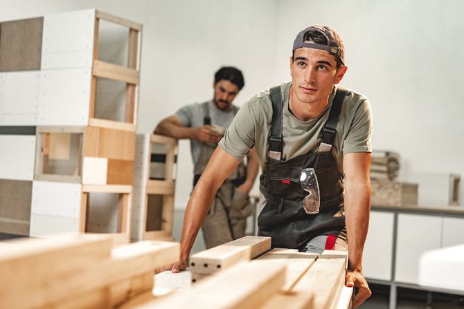 Worker pushing lumber in a workshop, with another person assembling shelves in the background.