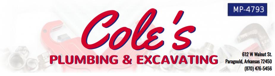 Cole’s Plumbing & Excavating logo in red and blue with the phone number MP-4793