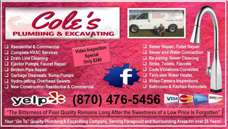 Cole’s Plumbing & Excavating pink ad with services list, Yelp logo, phone number, and promo text