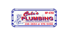 Cole's Plumbing business sign, blue and red logo with phone numbers 236-2653 and 476-5456