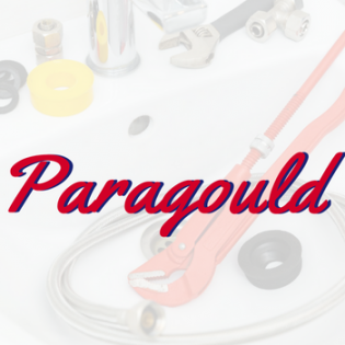 Paragould logo in red script over a faint background of white medical tools and tubing