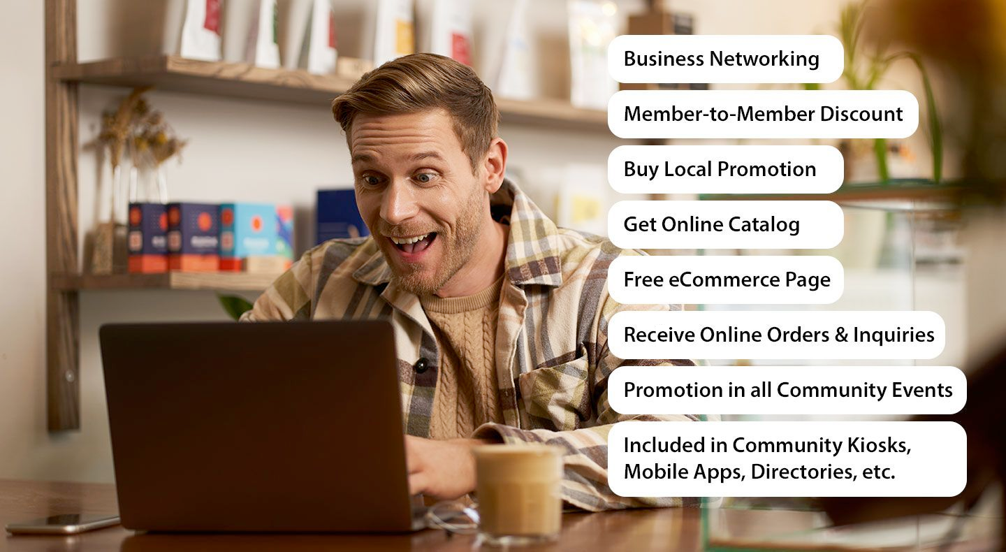 Man smiles while using a laptop in a cafe with a list of business benefits displayed.