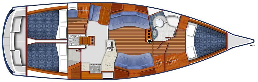 Top-down view of a boat interior with wooden panels, showing two cabins, kitchen, seating area, and bathroom.