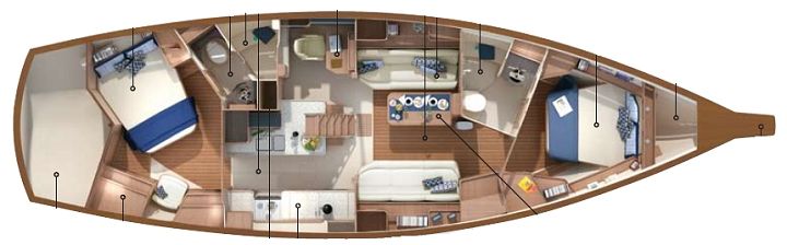 Top-down view of a sailboat interior. Two bedrooms, a kitchen, a living room, and a bathroom are visible.
