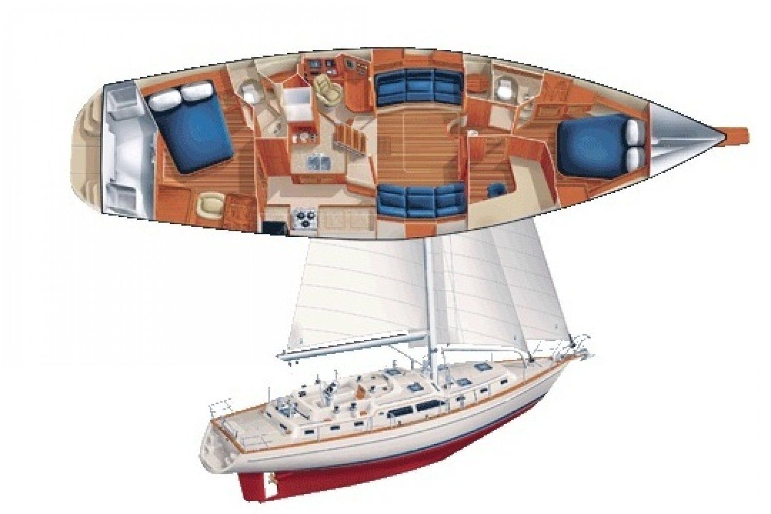 Top-down view of a sailboat's interior layout with a side view of the boat and sails.