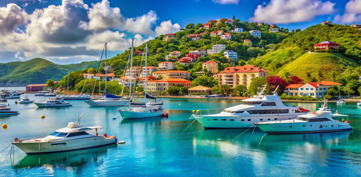 Luxury yachts are anchored in a scenic harbor surrounded by lush green hills and waterfront villas i