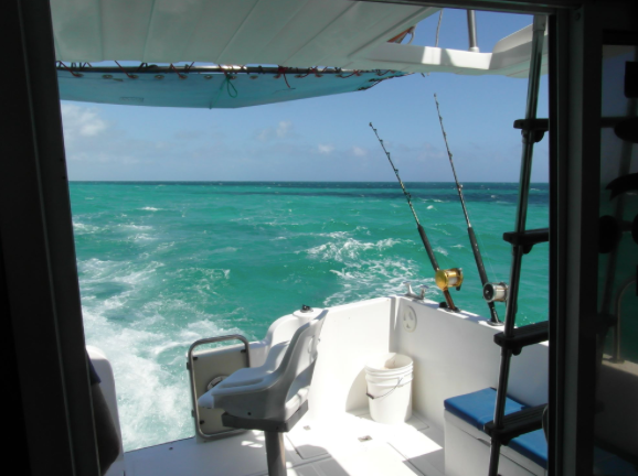 View from the stern of a sportfishing boat trolling offshore in the U.S. Virgin Islands.