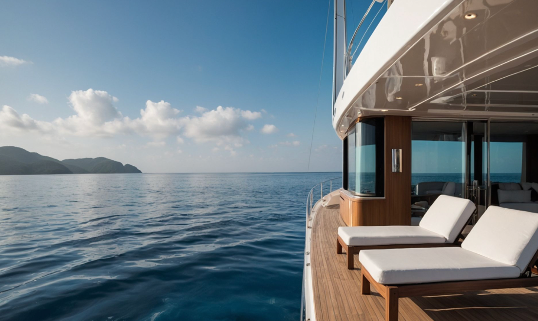 Luxury yacht deck with cushioned lounge chairs overlooking calm Caribbean waters and distant islands