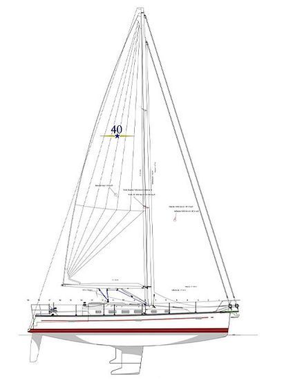 A drawing of a red sailboat on a white background.