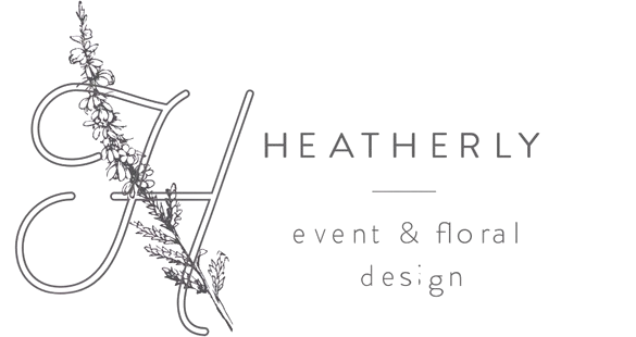 Heatherly event & floral design logo with elegant gray script and floral branch accent