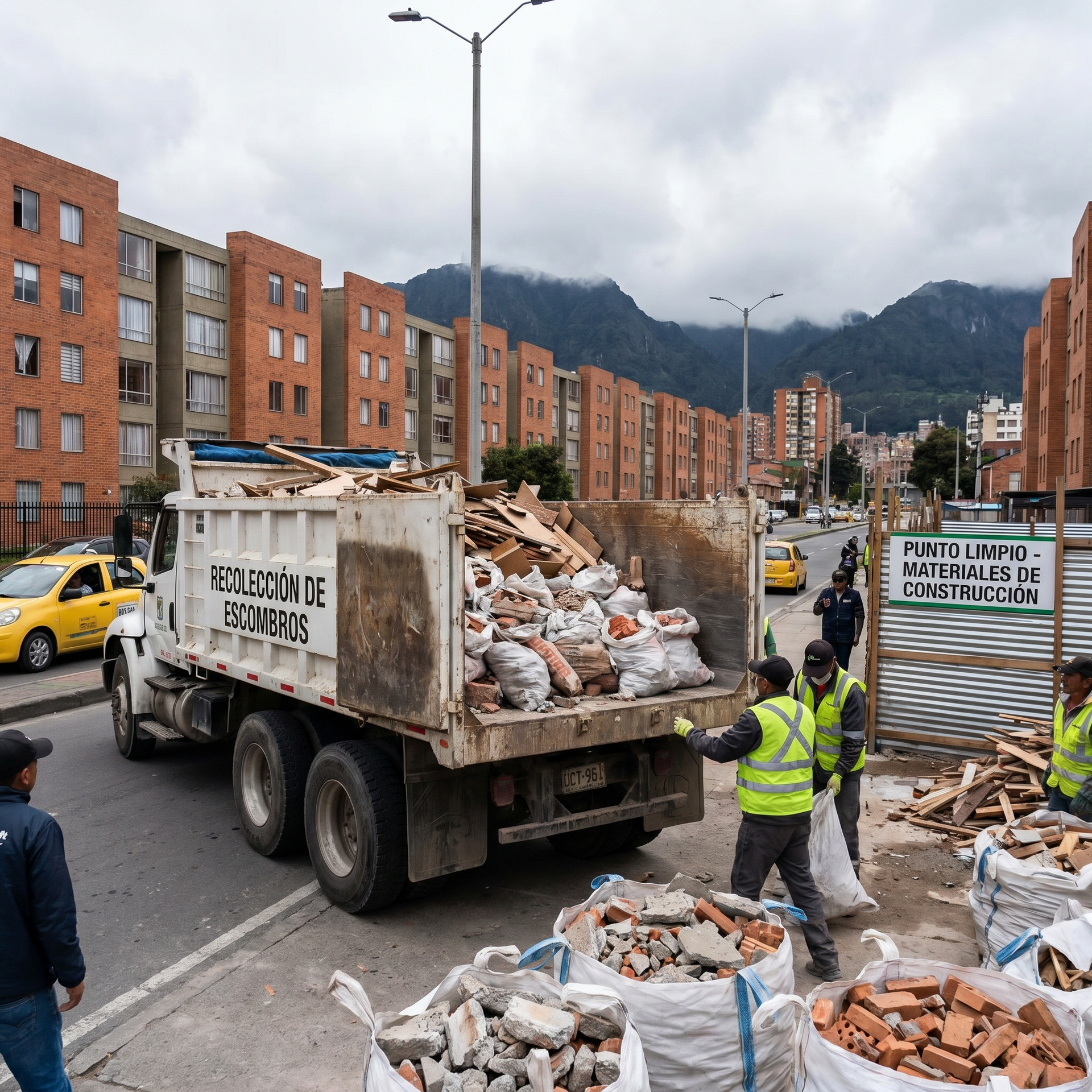 Camión de basura descargando escombros en una calle de la ciudad junto a edificios de apartamentos y montañas.