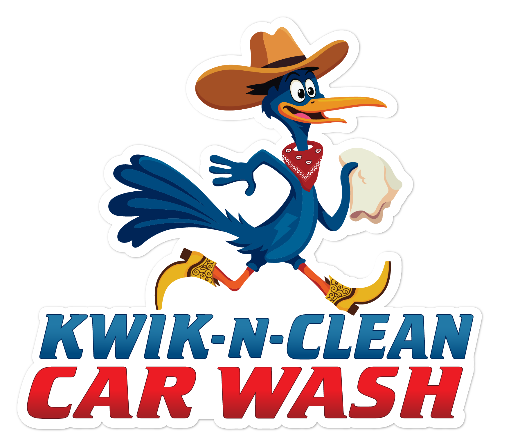 Kwik N Clean Car Wash San Antonio, Texas, best carwash. road runner carwash logo wearing cowboy hat