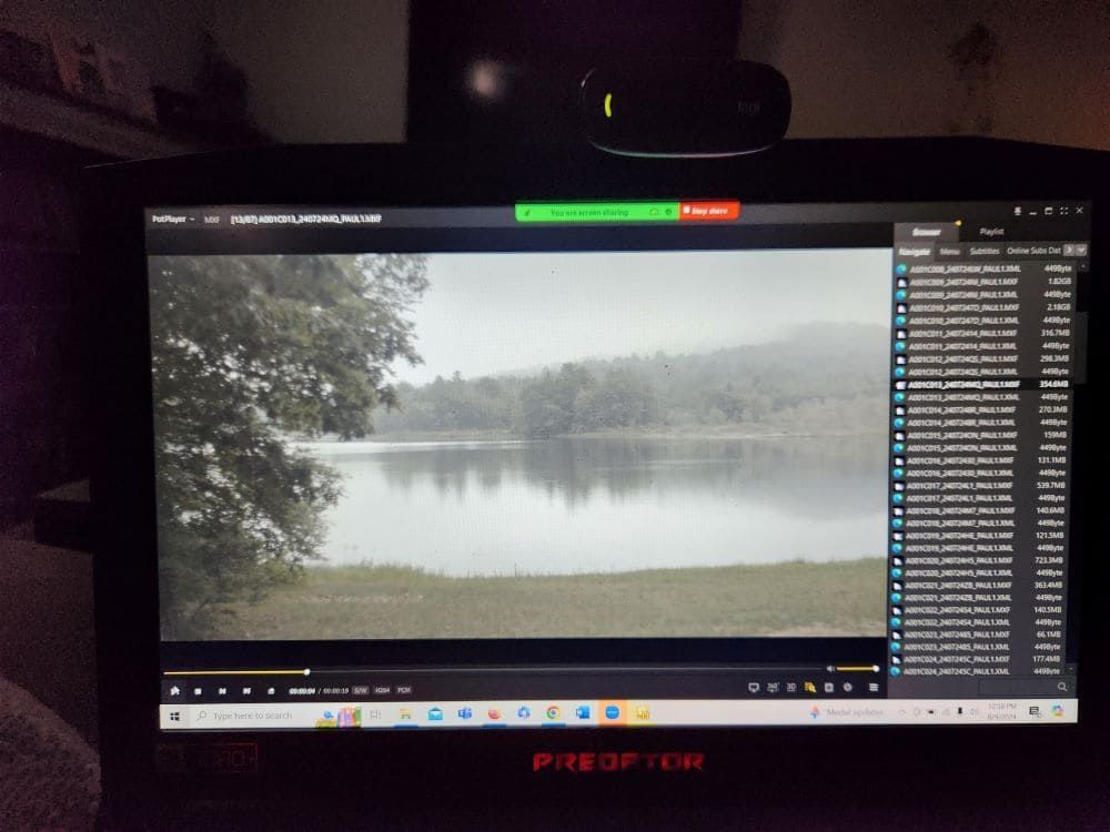 Computer monitor showing a video call with a foggy lakeside scene and participant list on the right