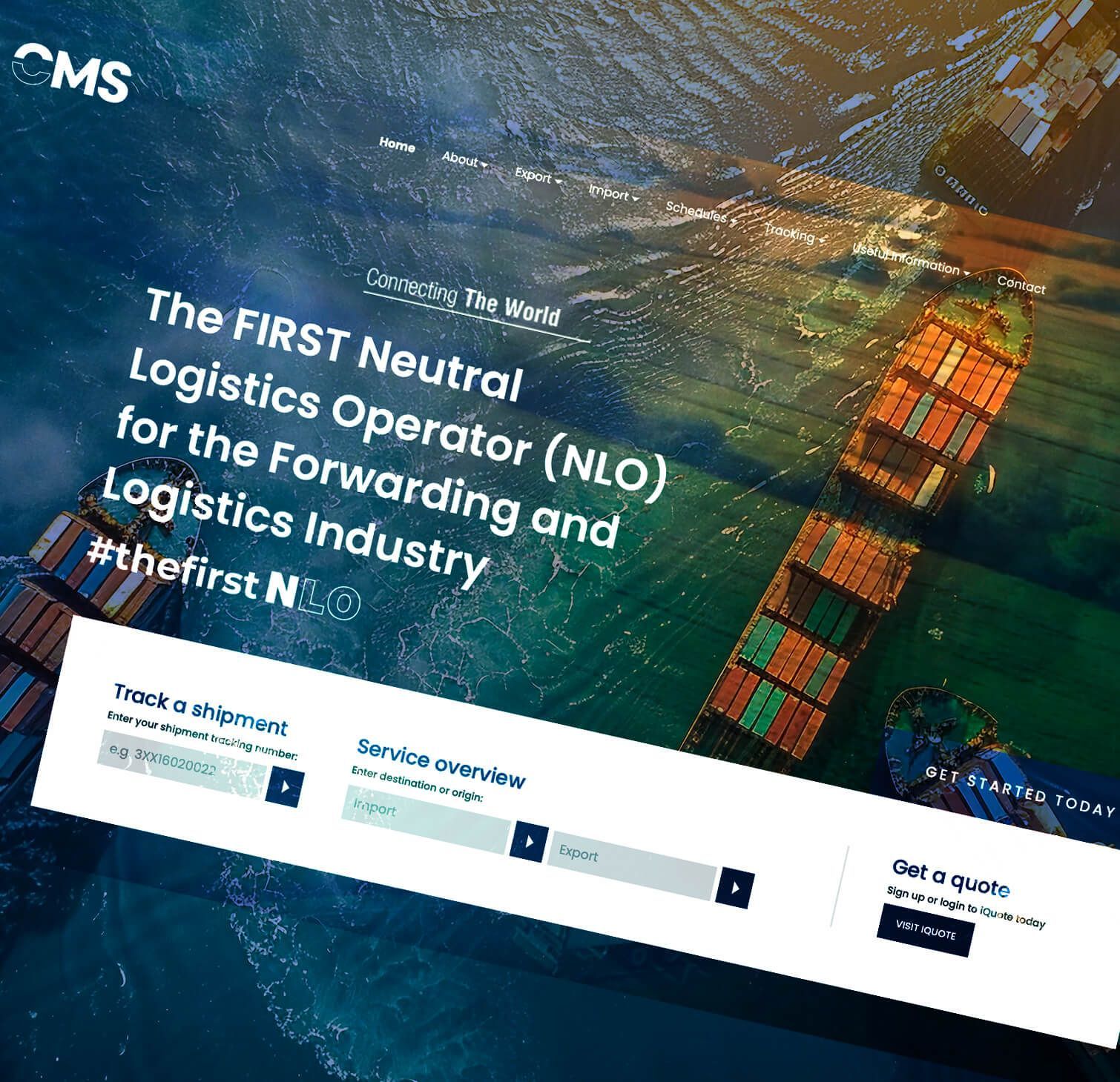 NOL logistics website homepage with cargo ship background and search fields in a white panel