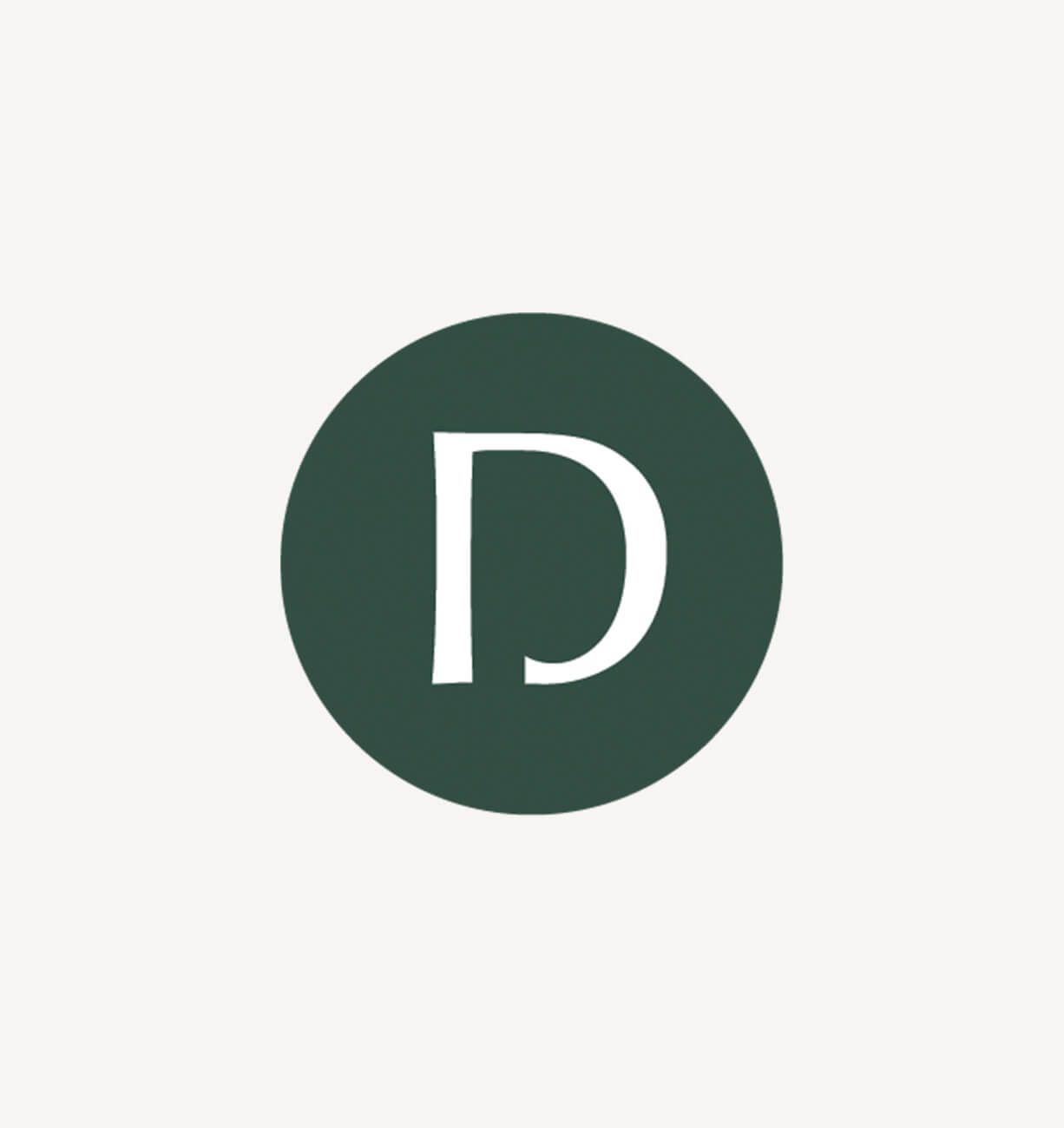 White “D” on a dark green circle logo, centered on a light background