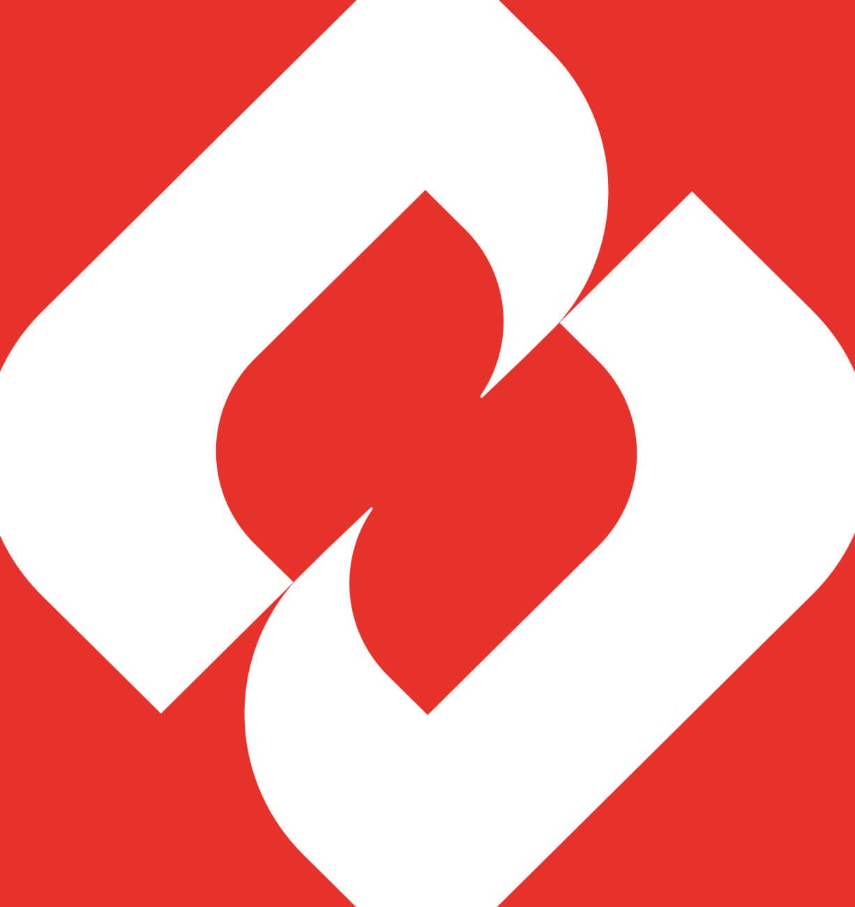 Abstract red logo with two interlocking white shapes on a red square background