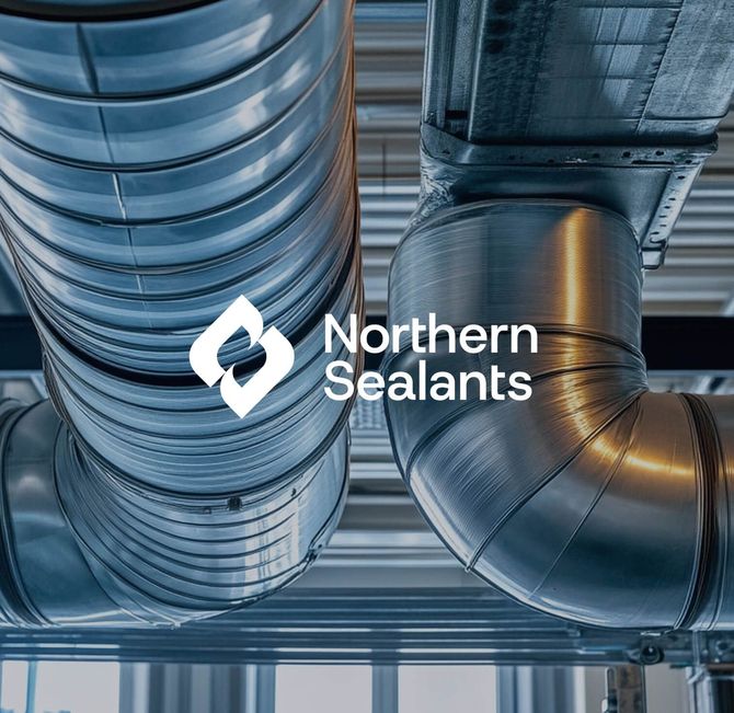 Northern Sealants logo over silver HVAC ducts and ventilation piping
