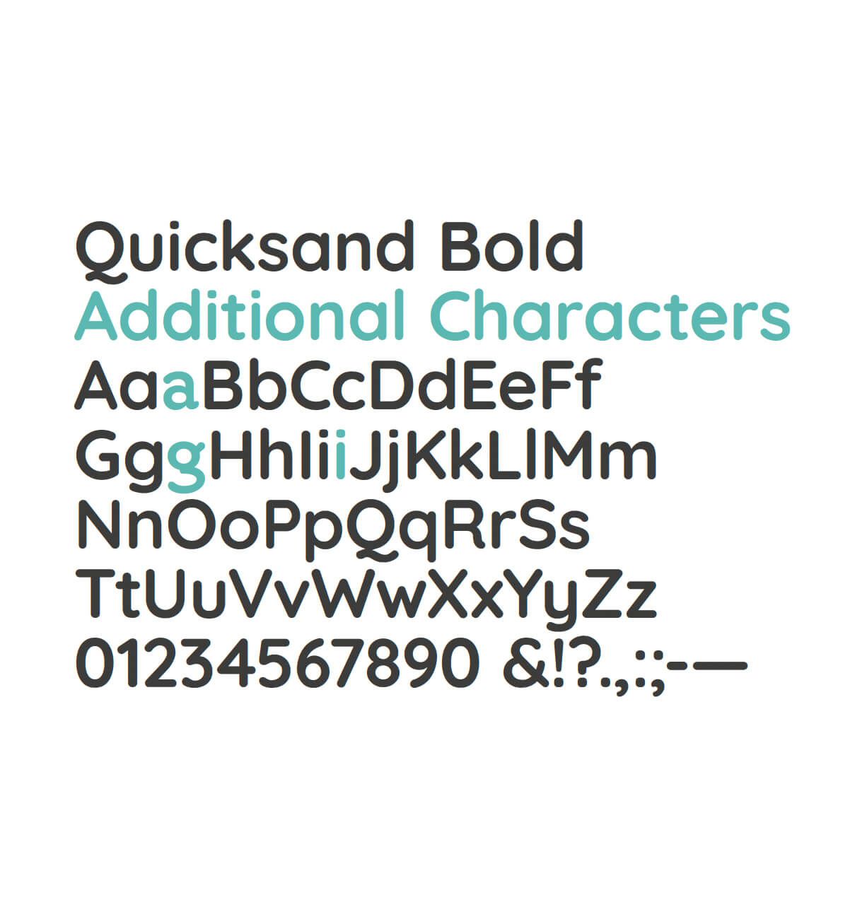 Font sample showing Quicksand Bold and Additional Characters in black and teal text.