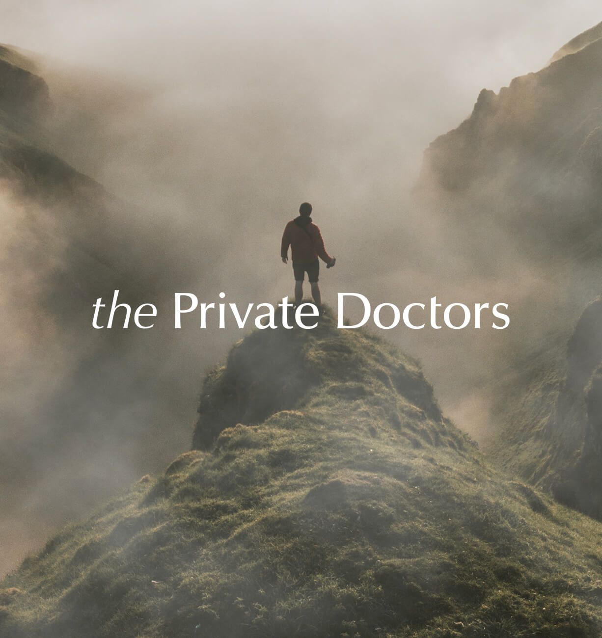 A hiker stands on a foggy mountain ridge with “the Private Doctors” text overlay.