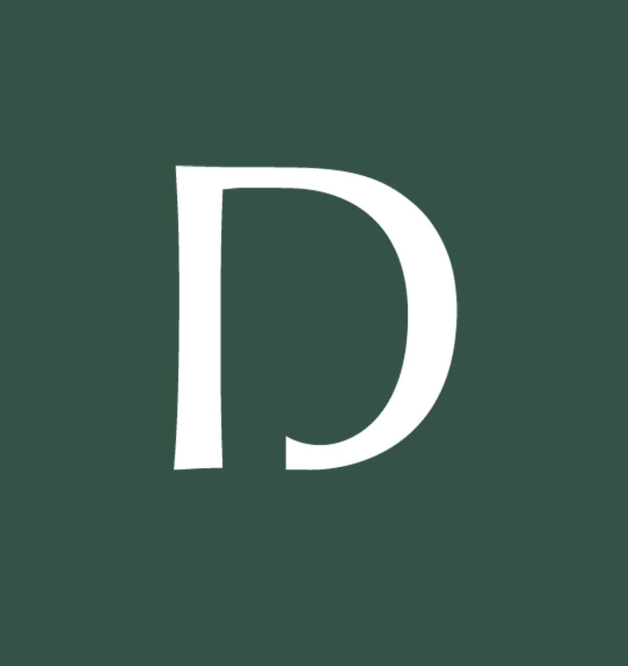 White capital letter D on a dark green background