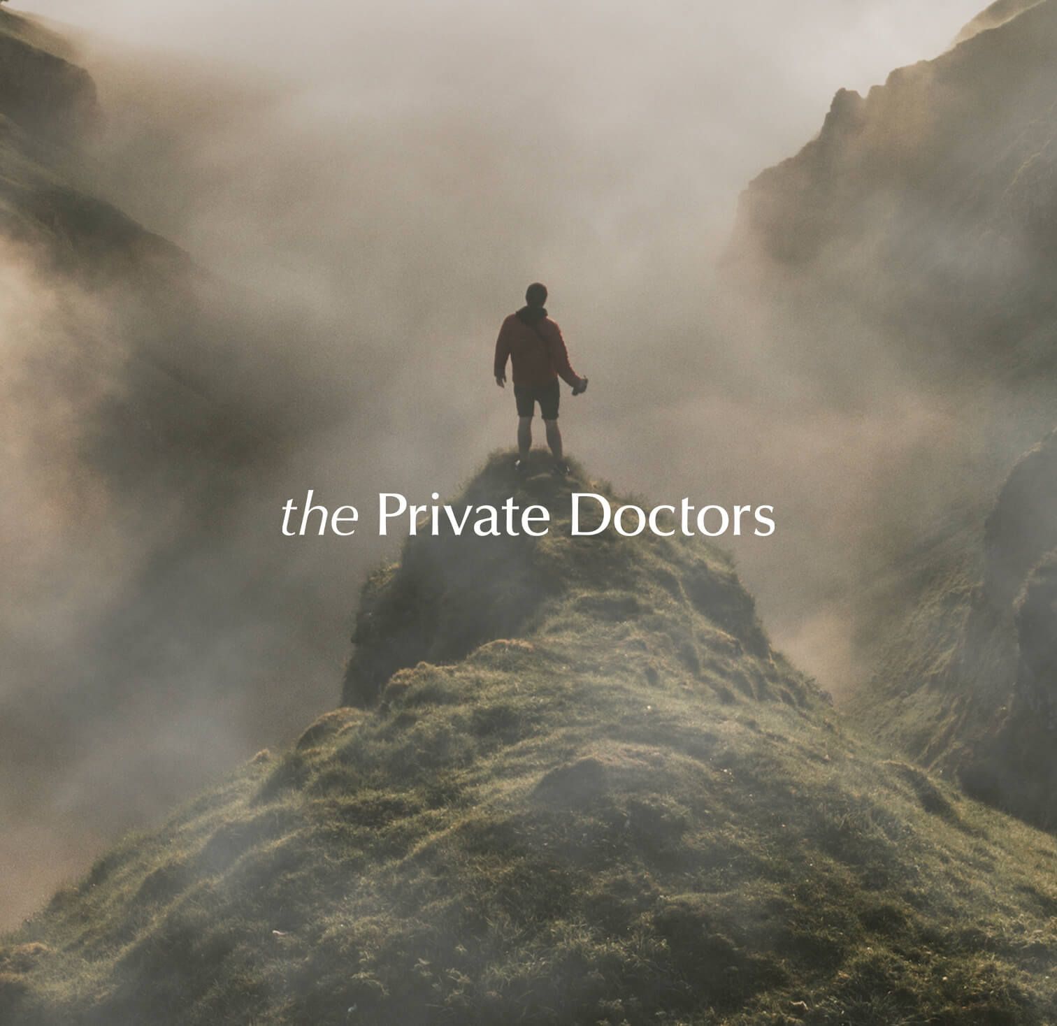 Misty mountain ridge with a lone hiker and the text “the Private Doctors”
