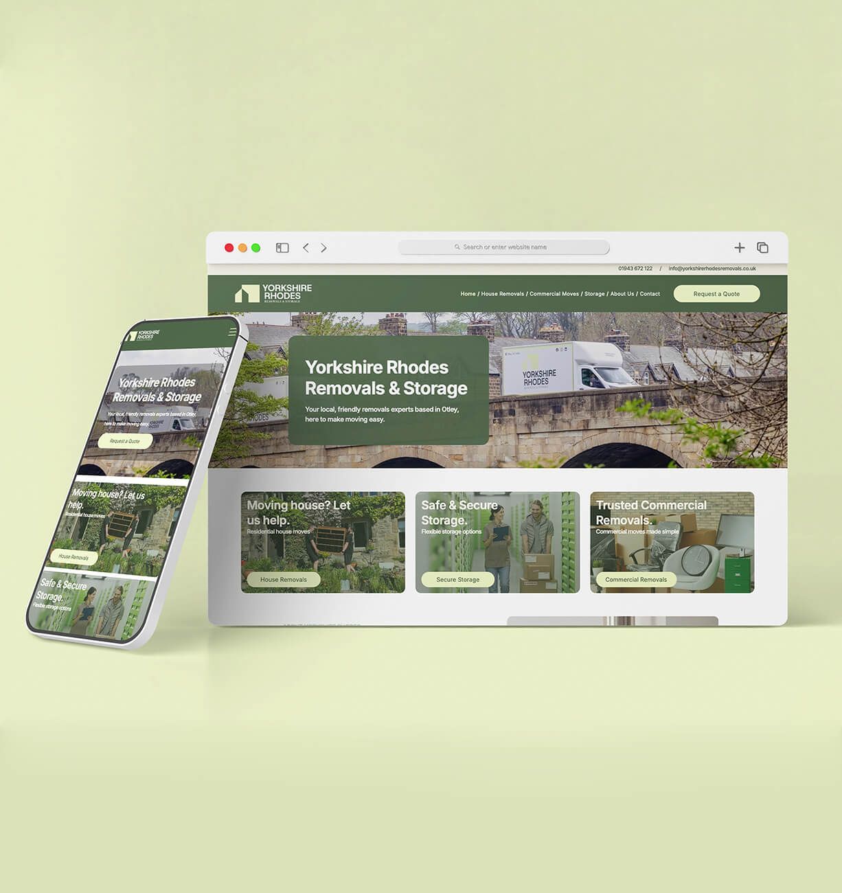 Desktop and mobile website mockup with green header and nature photos on a pale green background