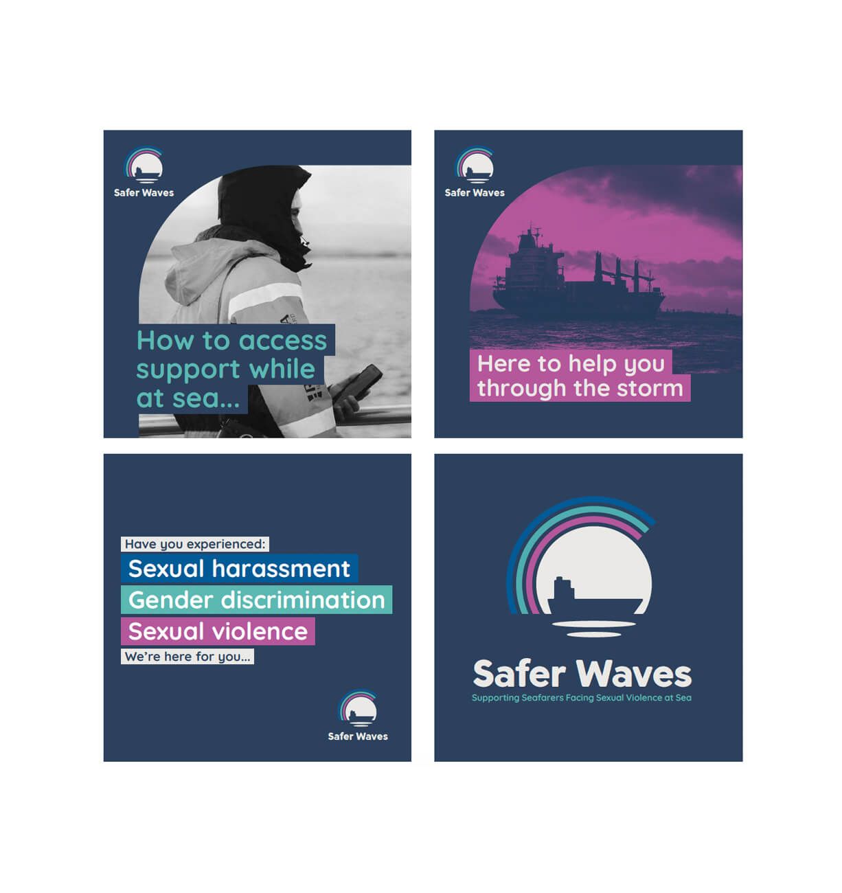 Four-panel mental health poster with support messages, stormy horizon, and Safer Waves logo in blue, pink, and white