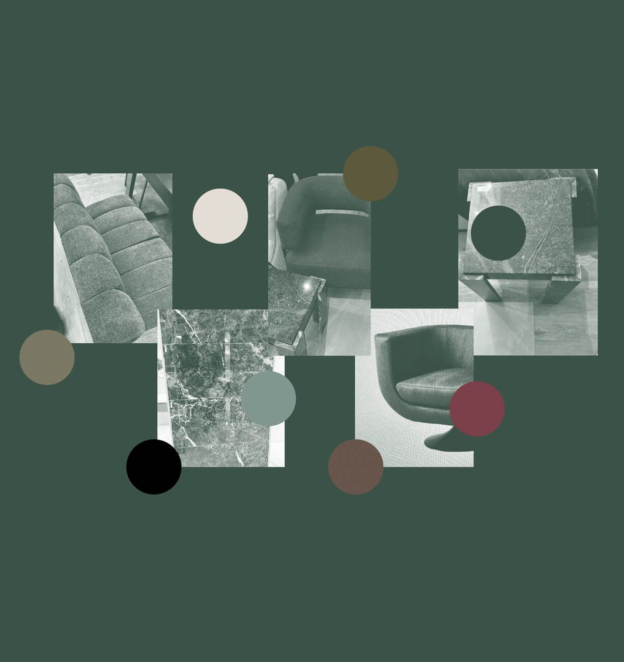 Collage of muted green-tinted living room furniture photos with colored circles on a dark green background